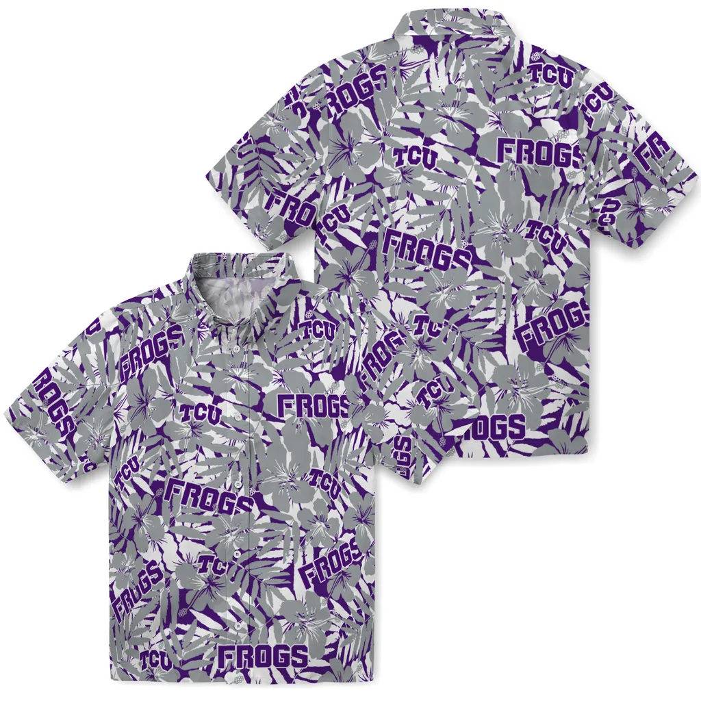 TCU Horned Frogs Hawaiian Shirt - Hibiscus Overlay tcu horned frogs hibiscus overlay hawaiian shirts high quality
