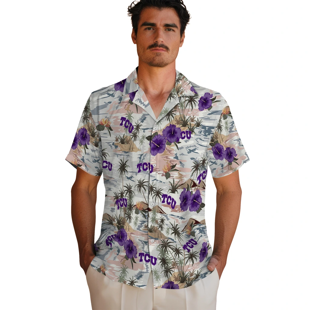 TCU Horned Frogs Hawaiian Shirt - Hibiscus Seaside tcu horned frogs hibiscus seaside white hawaiian shirts fashion forward