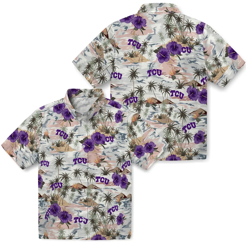 TCU Horned Frogs Hawaiian Shirt - Hibiscus Seaside tcu horned frogs hibiscus seaside white hawaiian shirts high quality