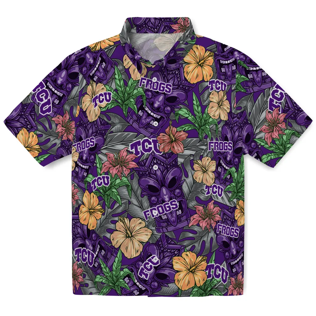 TCU Horned Frogs Hawaiian Shirt - Hibiscus Tiki Jungle tcu horned frogs tiki jungle purple hawaiian shirts best selling