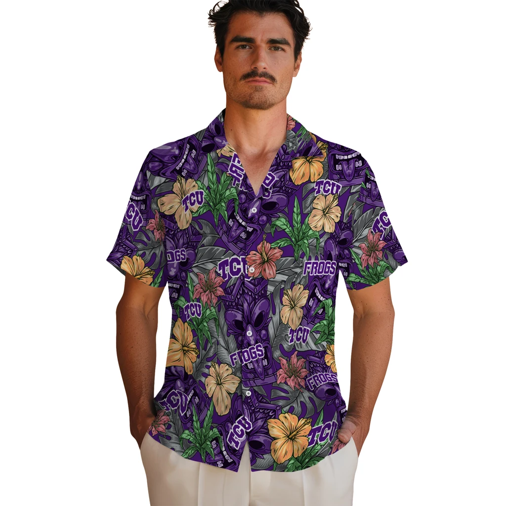 TCU Horned Frogs Hawaiian Shirt - Hibiscus Tiki Jungle tcu horned frogs tiki jungle purple hawaiian shirts fashion forward