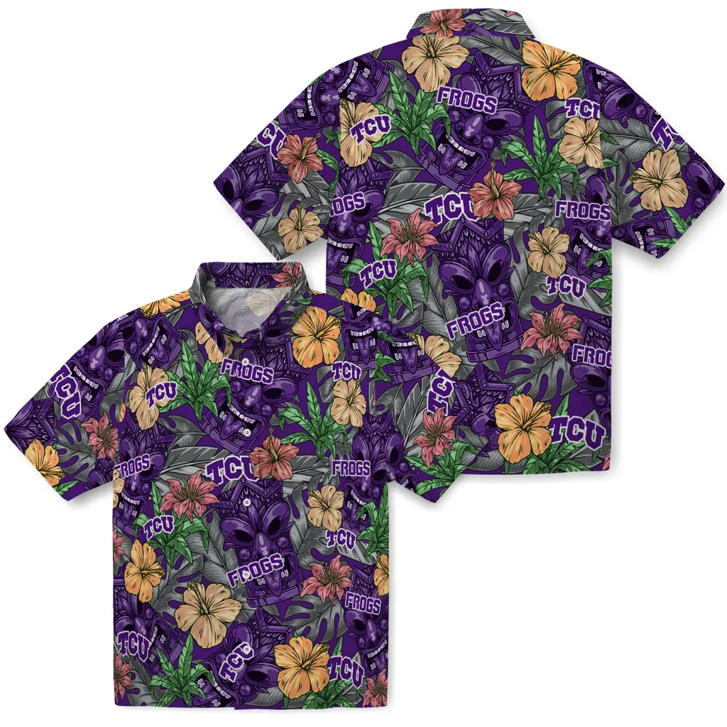 TCU Horned Frogs Hawaiian Shirt - Hibiscus Tiki Jungle tcu horned frogs tiki jungle purple hawaiian shirts high quality