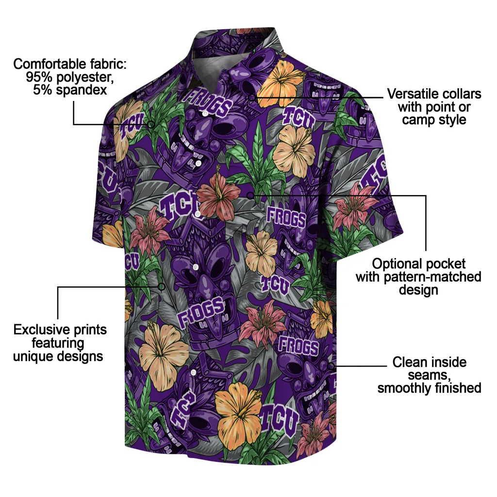 TCU Horned Frogs Hawaiian Shirt - Hibiscus Tiki Jungle tcu horned frogs tiki jungle purple hawaiian shirts new arrival