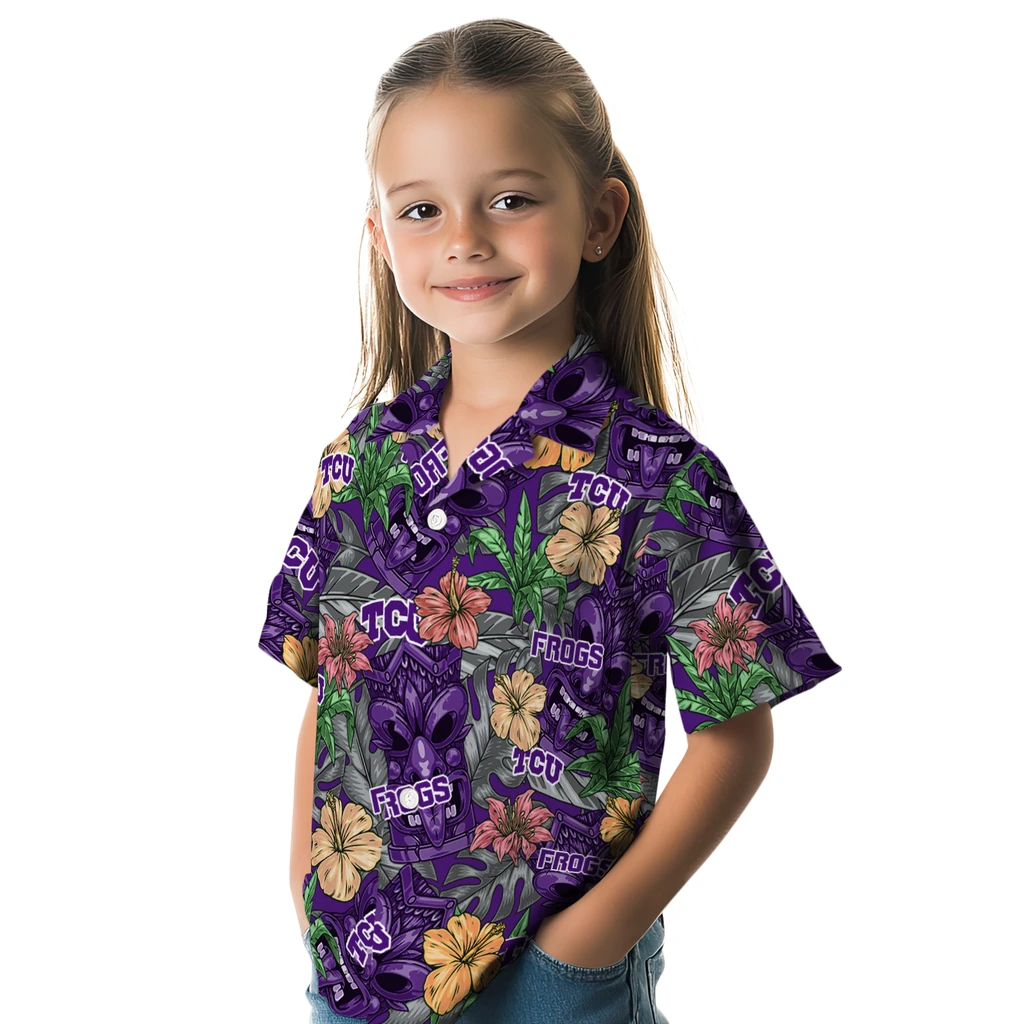 TCU Horned Frogs Hawaiian Shirt - Hibiscus Tiki Jungle tcu horned frogs tiki jungle purple hawaiian shirts premium grade