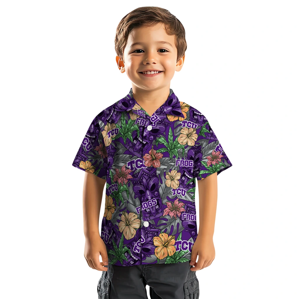 TCU Horned Frogs Hawaiian Shirt - Hibiscus Tiki Jungle tcu horned frogs tiki jungle purple hawaiian shirts top rated