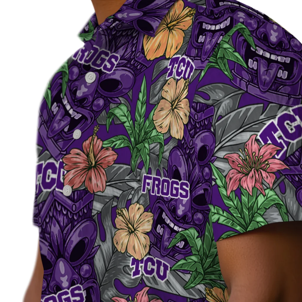 TCU Horned Frogs Hawaiian Shirt - Hibiscus Tiki Jungle tcu horned frogs tiki jungle purple hawaiian shirts trendy