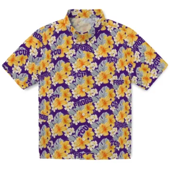 tcu horned frogs hibiscus tropics purple yellow hawaiian shirts best selling