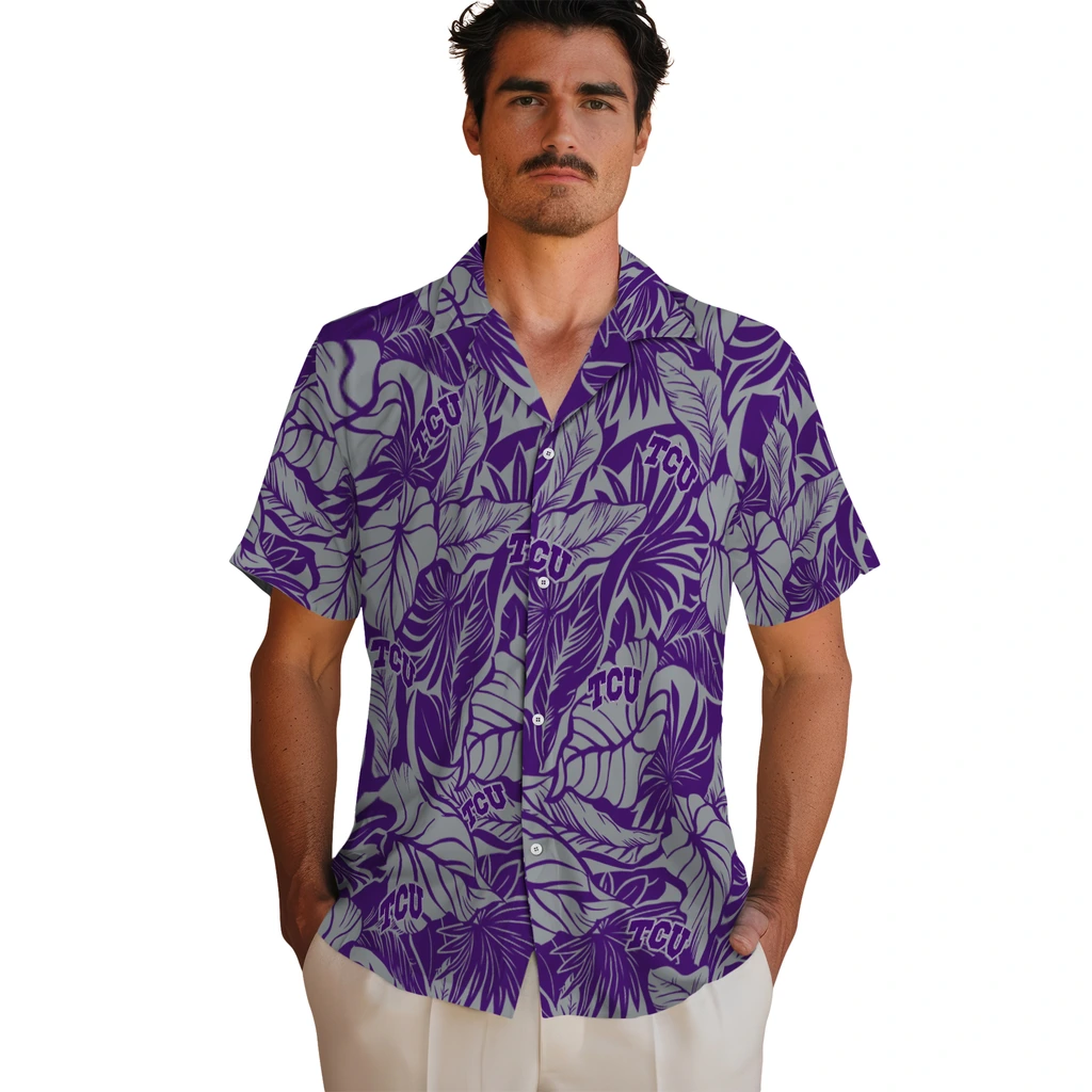 TCU Horned Frogs Hawaiian Shirt - Monstera Layer tcu horned frogs monstera layer purple hawaiian shirts fashion forward