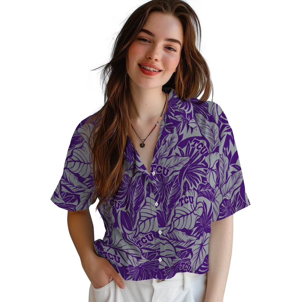 TCU Horned Frogs Hawaiian Shirt - Monstera Layer tcu horned frogs monstera layer purple hawaiian shirts latest model