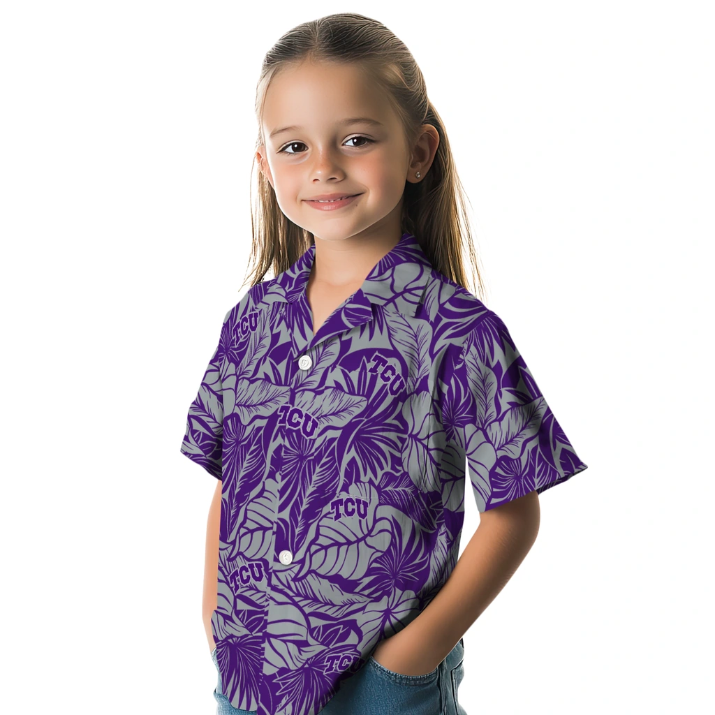 TCU Horned Frogs Hawaiian Shirt - Monstera Layer tcu horned frogs monstera layer purple hawaiian shirts premium grade