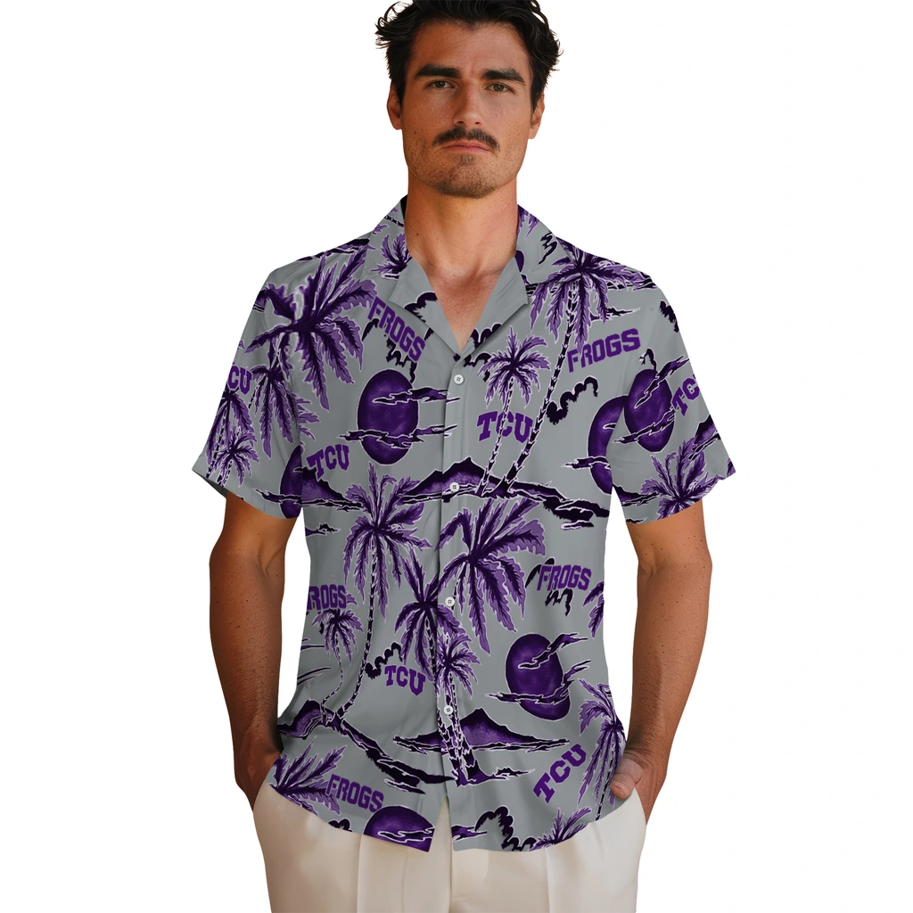 TCU Horned Frogs Hawaiian Shirt - Palm Sunset tcu horned frogs palm sunset hawaiian shirts fashion forward