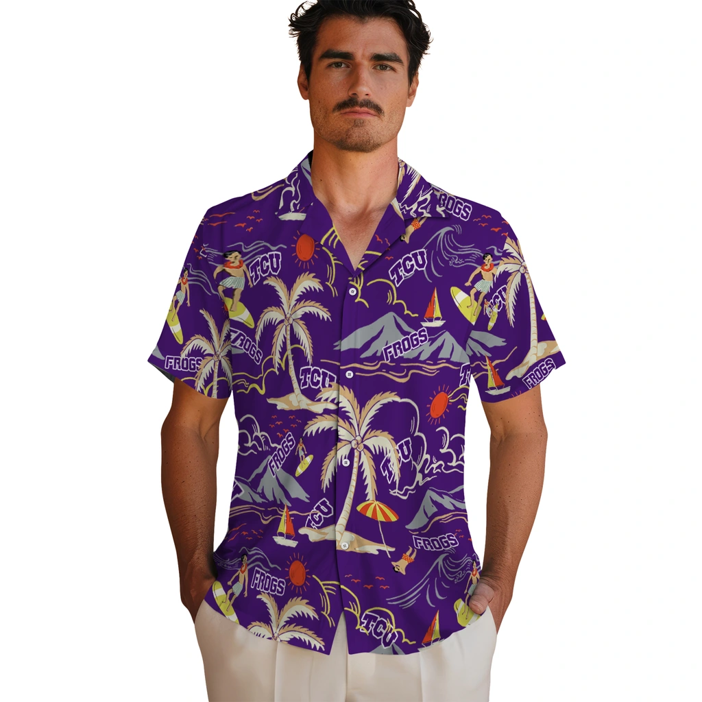 TCU Horned Frogs Hawaiian Shirt - Palm Tree Island tcu horned frogs palm tree island purple hawaiian shirts fashion forward