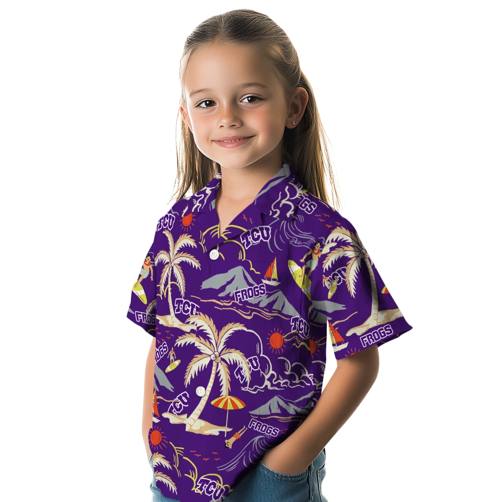 TCU Horned Frogs Hawaiian Shirt - Palm Tree Island tcu horned frogs palm tree island purple hawaiian shirts premium grade