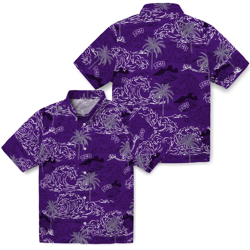 TCU Horned Frogs Hawaiian Shirt - Wave Palm tcu horned frogs wave palm purple hawaiian shirts high quality