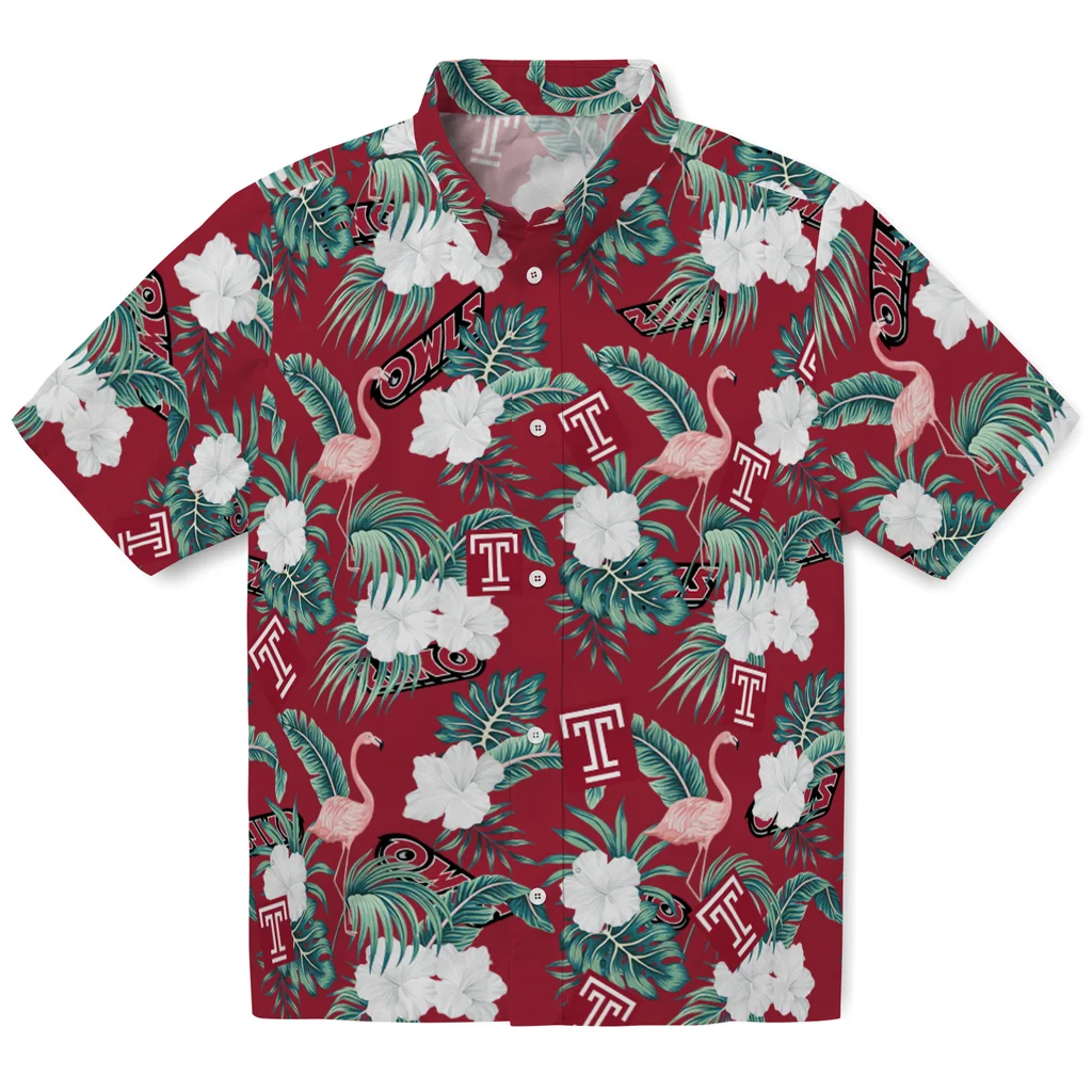 Temple Owls Hawaiian Shirt - Flamingo and Hibiscus temple owls flamingo palms red hawaiian shirts best selling