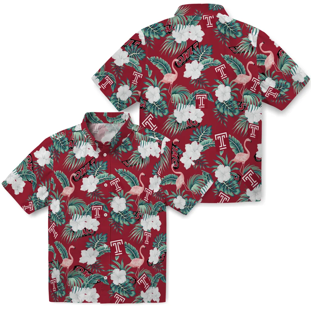 Temple Owls Hawaiian Shirt - Flamingo and Hibiscus temple owls flamingo palms red hawaiian shirts high quality