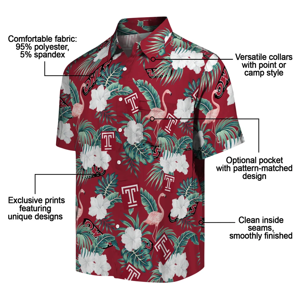 Temple Owls Hawaiian Shirt - Flamingo and Hibiscus temple owls flamingo palms red hawaiian shirts new arrival