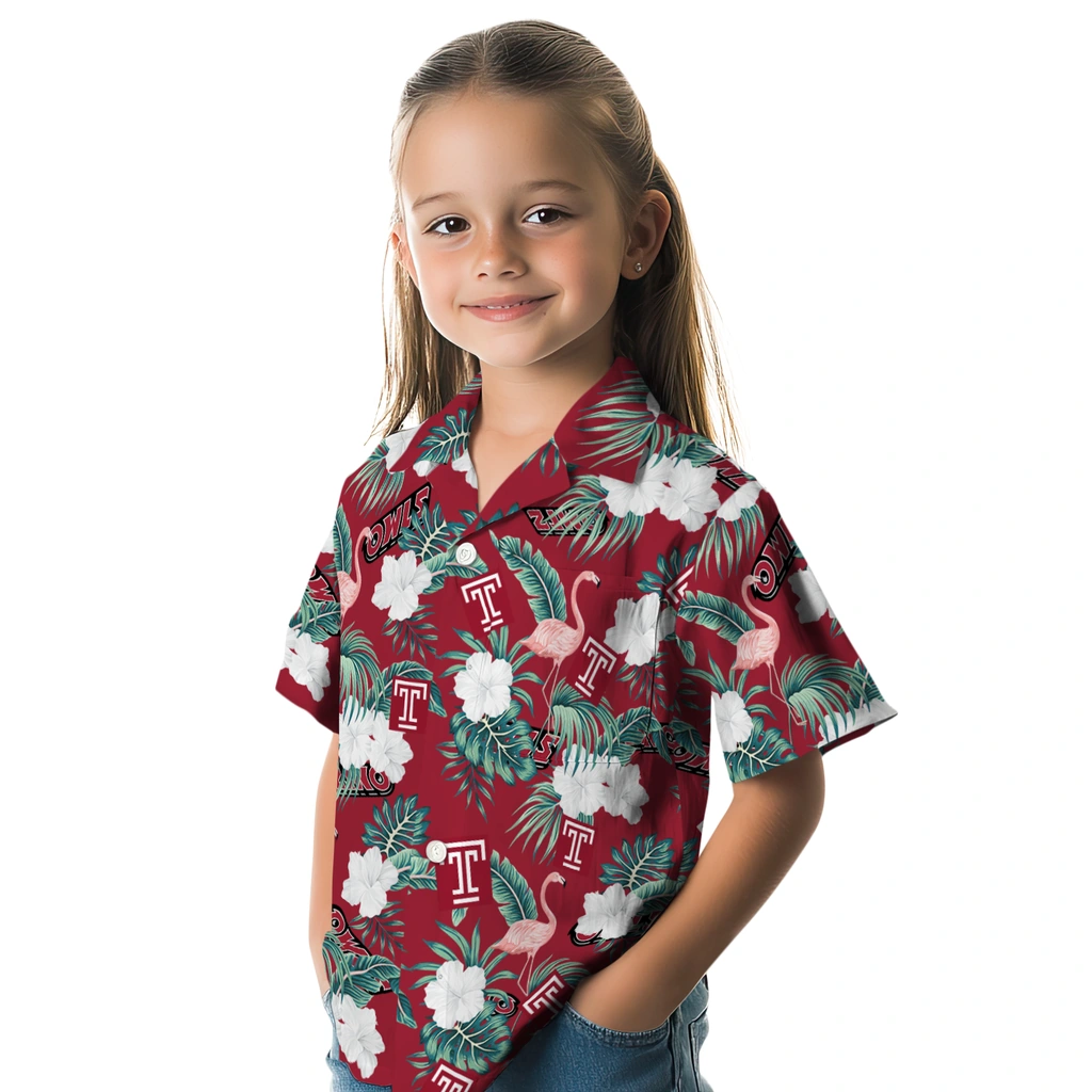 Temple Owls Hawaiian Shirt - Flamingo and Hibiscus temple owls flamingo palms red hawaiian shirts premium grade