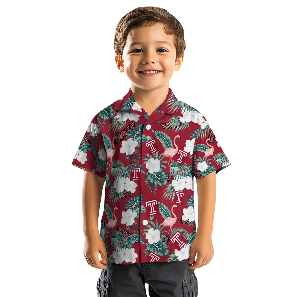 Temple Owls Hawaiian Shirt - Flamingo and Hibiscus temple owls flamingo palms red hawaiian shirts top rated