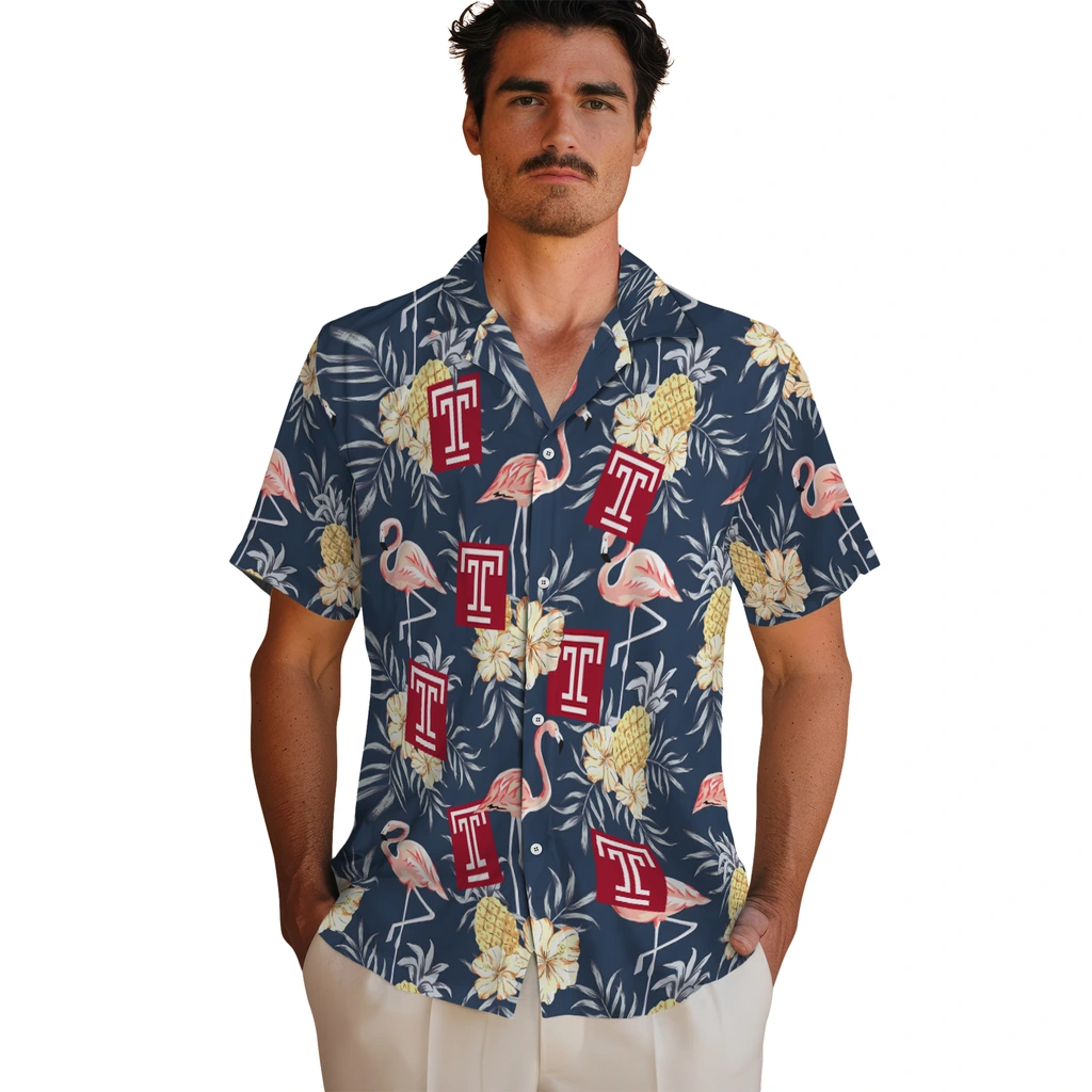 Temple Owls Hawaiian Shirt - Flamingo Hibiscus temple owls flamingo hibiscus navy hawaiian shirts fashion forward