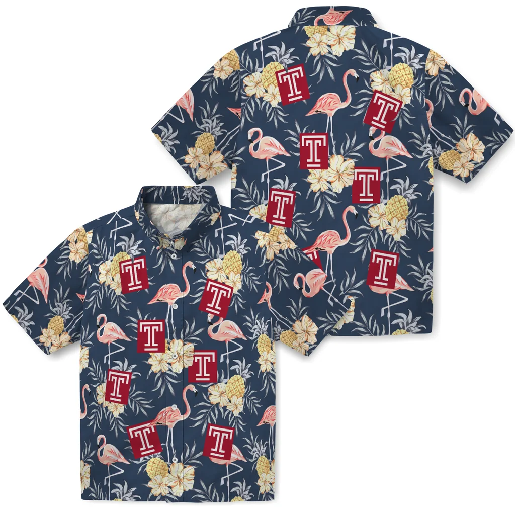 Temple Owls Hawaiian Shirt - Flamingo Hibiscus temple owls flamingo hibiscus navy hawaiian shirts high quality