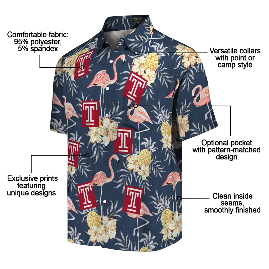 Temple Owls Hawaiian Shirt - Flamingo Hibiscus temple owls flamingo hibiscus navy hawaiian shirts new arrival