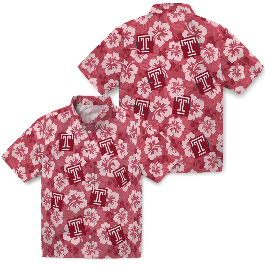 Temple Owls Hawaiian Shirt - Hibiscus Cluster temple owls hibiscus cluster red hawaiian shirts high quality