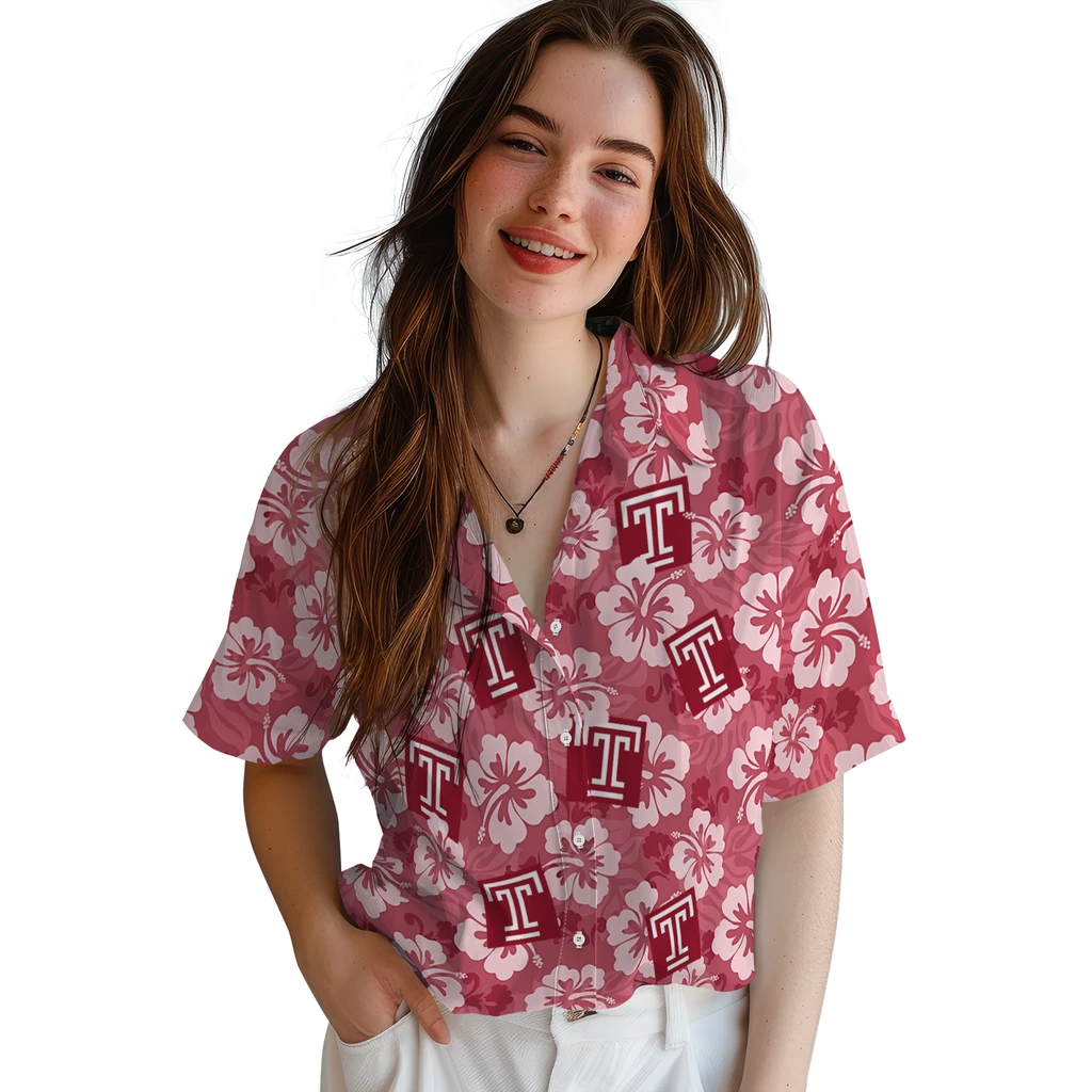 Temple Owls Hawaiian Shirt - Hibiscus Cluster temple owls hibiscus cluster red hawaiian shirts latest model