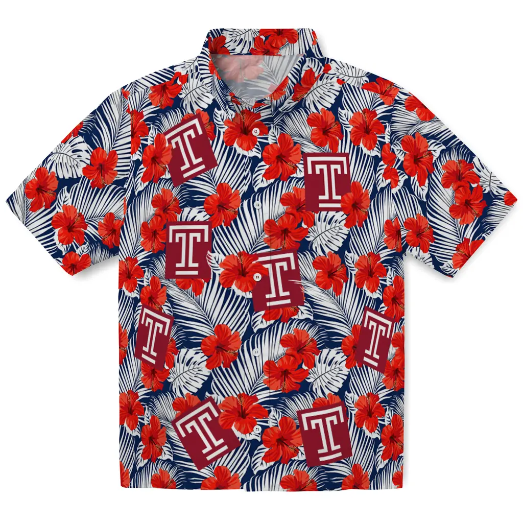 Temple Owls Hawaiian Shirt - Hibiscus Fiesta temple owls hibiscus fiesta red royal blue hawaiian shirts best selling