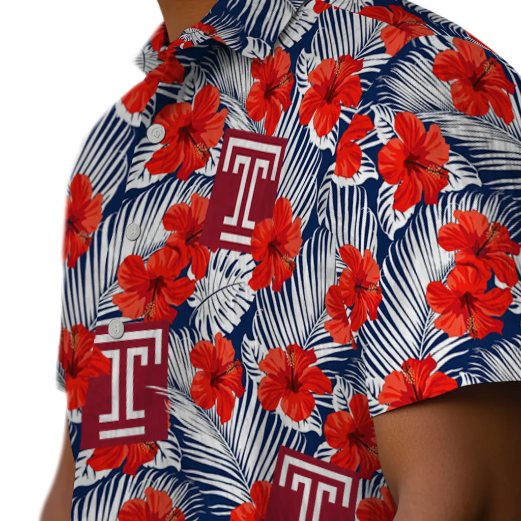 Temple Owls Hawaiian Shirt - Hibiscus Fiesta temple owls hibiscus fiesta red royal blue hawaiian shirts trendy