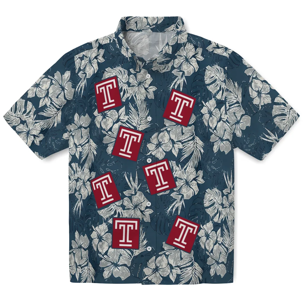 Temple Owls Hawaiian Shirt - Hibiscus Flowers temple owls hibiscus flowers navy blue hawaiian shirts best selling