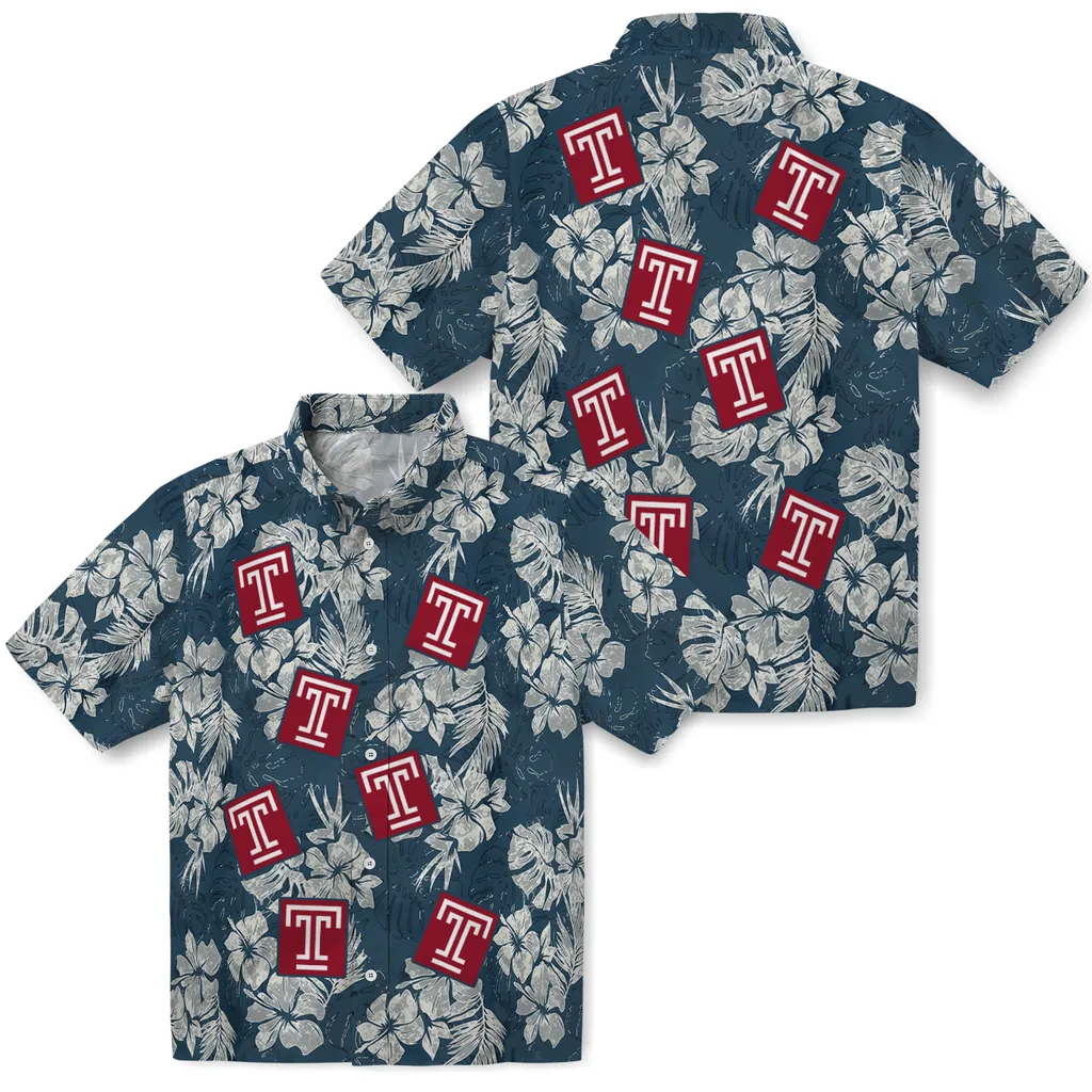 Temple Owls Hawaiian Shirt - Hibiscus Flowers temple owls hibiscus flowers navy blue hawaiian shirts high quality