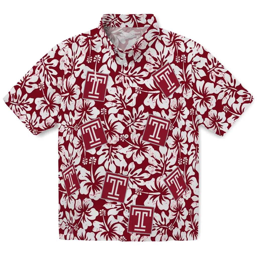 Temple Owls Hawaiian Shirt - Hibiscus Motif temple owls hibiscus motif red white hawaiian shirts best selling