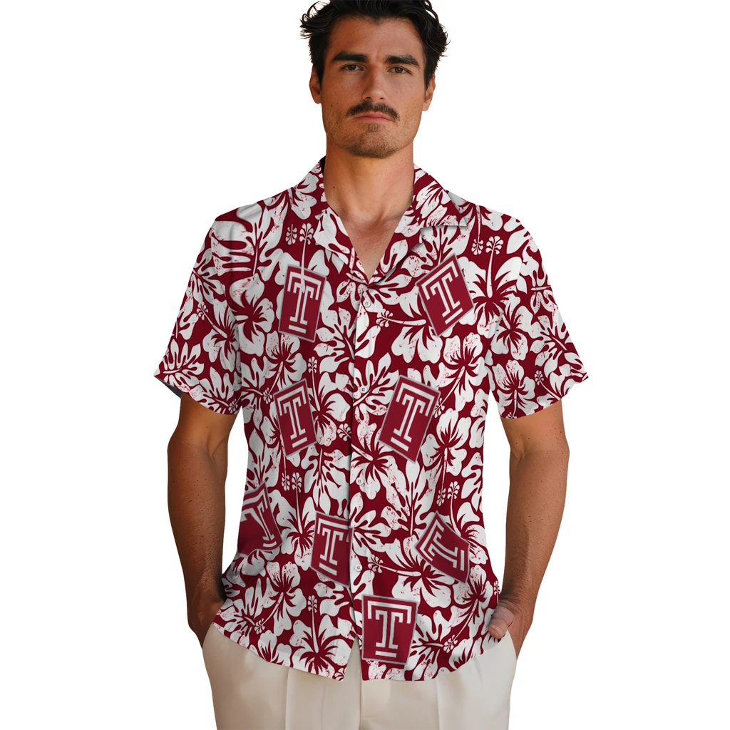 Temple Owls Hawaiian Shirt - Hibiscus Motif temple owls hibiscus motif red white hawaiian shirts fashion forward