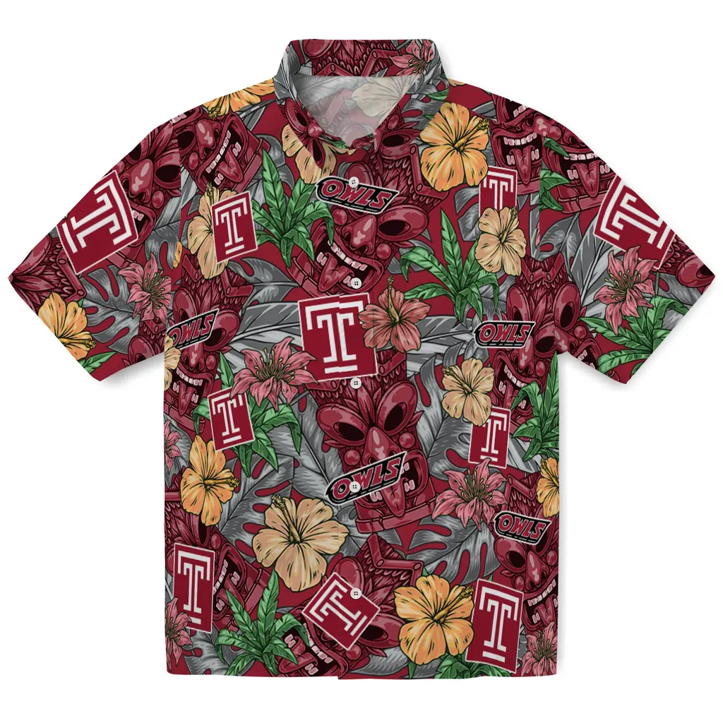 Temple Owls Hawaiian Shirt - Hibiscus Tiki Jungle temple owls tiki jungle red hawaiian shirts best selling