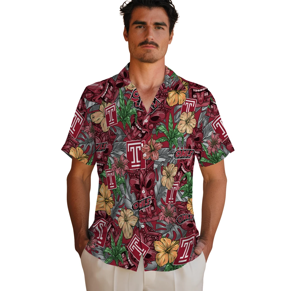 Temple Owls Hawaiian Shirt - Hibiscus Tiki Jungle temple owls tiki jungle red hawaiian shirts fashion forward