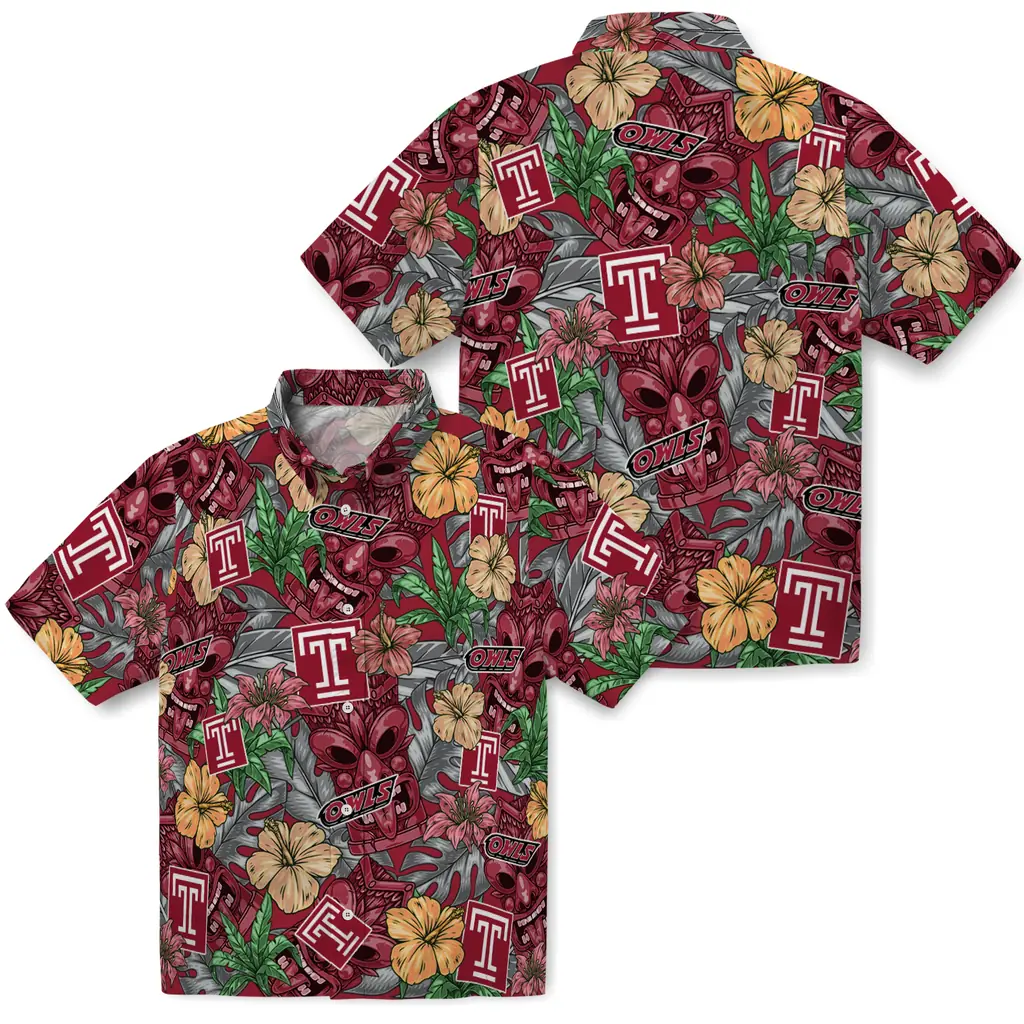 Temple Owls Hawaiian Shirt - Hibiscus Tiki Jungle temple owls tiki jungle red hawaiian shirts high quality