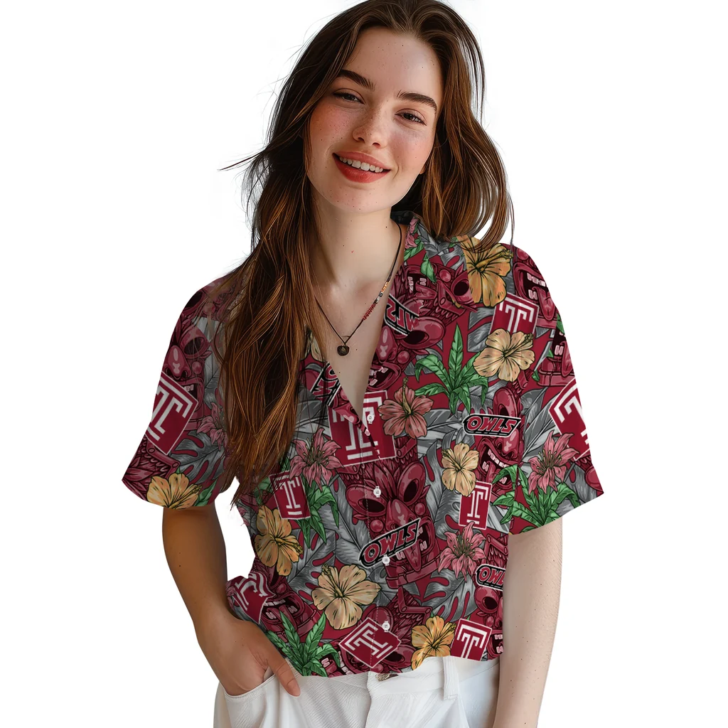 Temple Owls Hawaiian Shirt - Hibiscus Tiki Jungle temple owls tiki jungle red hawaiian shirts latest model