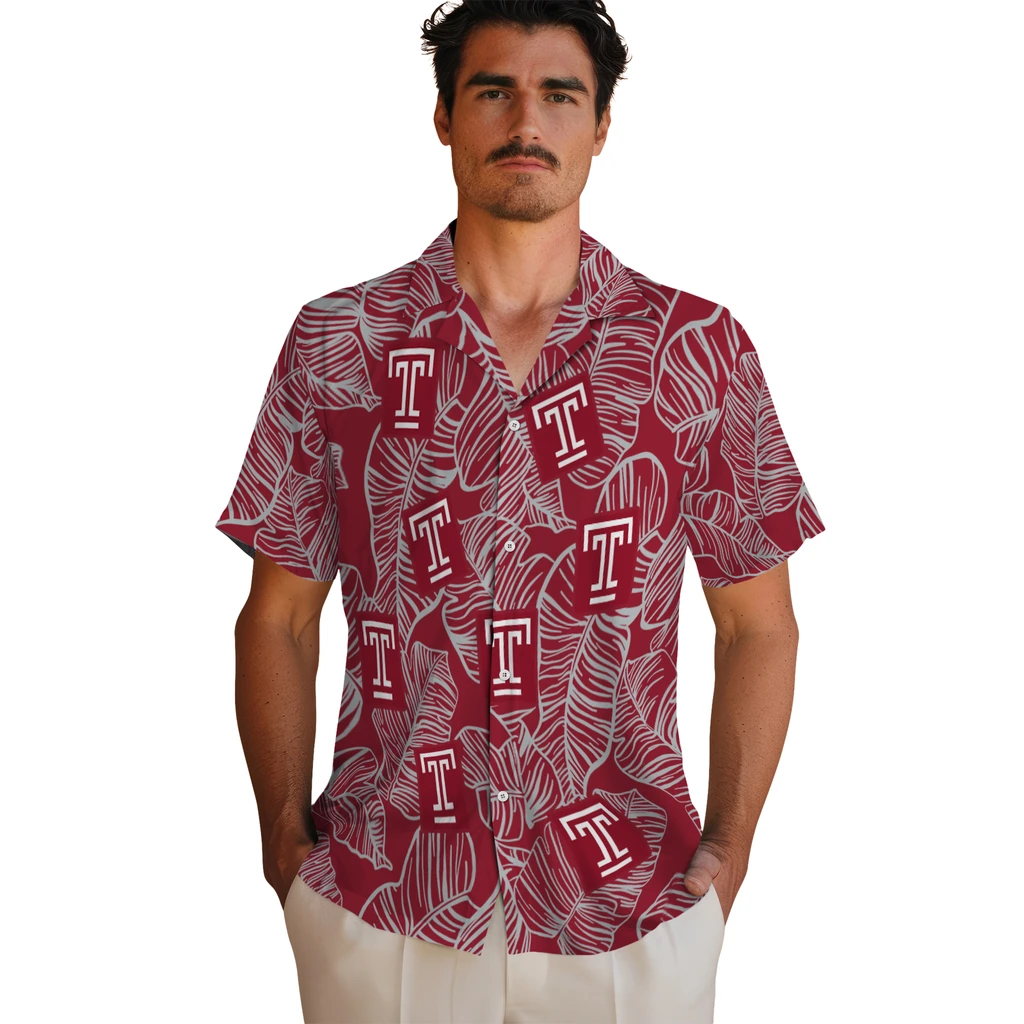 Temple Owls Hawaiian Shirt - Leaf Outline temple owls leaf outline red hawaiian shirts fashion forward