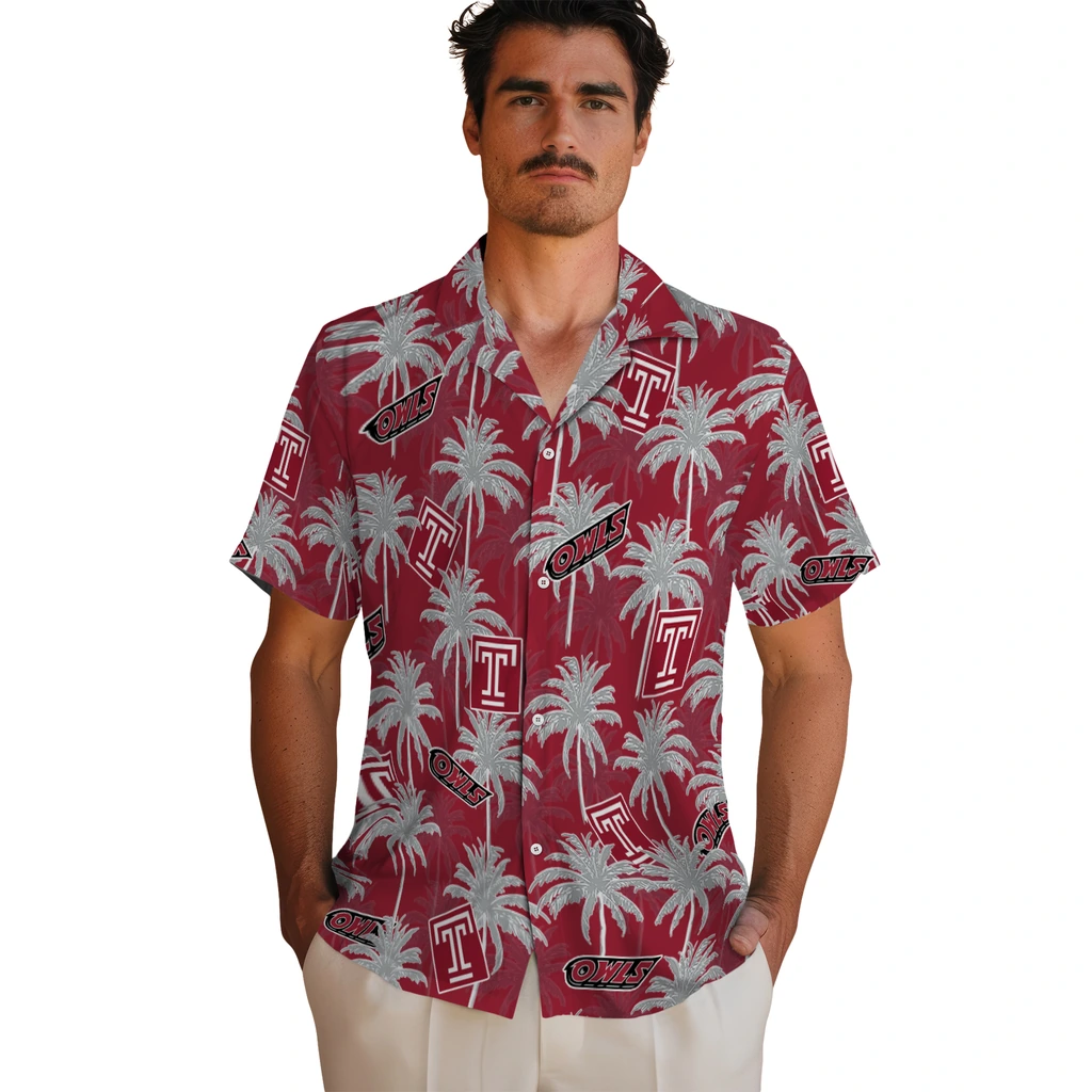 Temple Owls Hawaiian Shirt - Palm Tree Motif temple owls palm grove red hawaiian shirts fashion forward