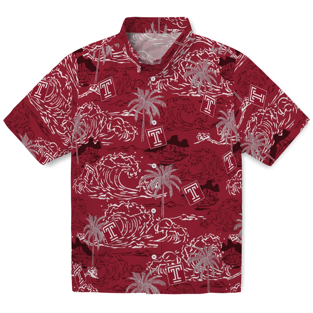 Temple Owls Hawaiian Shirt - Wave Palm temple owls wave palm red hawaiian shirts best selling