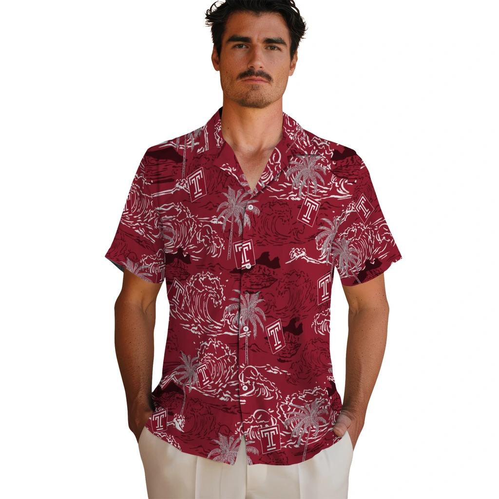 Temple Owls Hawaiian Shirt - Wave Palm temple owls wave palm red hawaiian shirts fashion forward