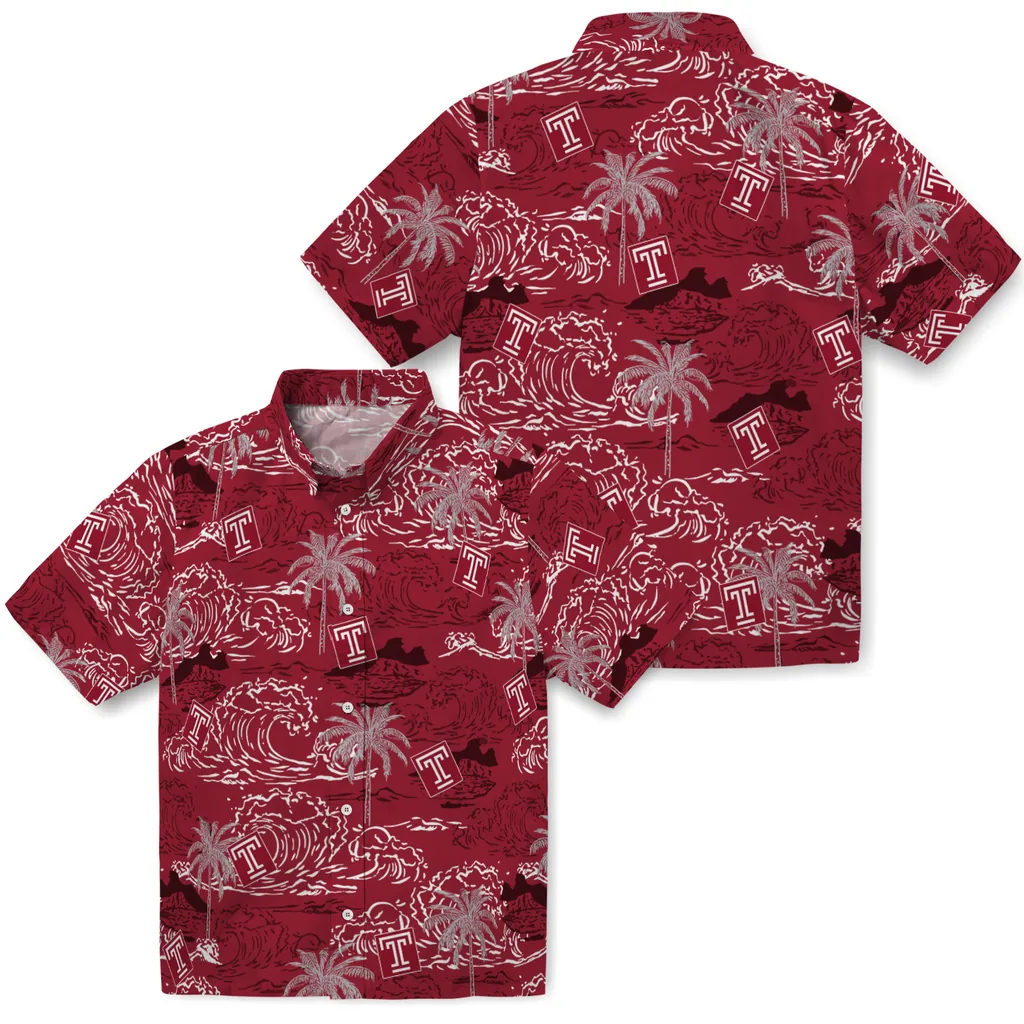 Temple Owls Hawaiian Shirt - Wave Palm temple owls wave palm red hawaiian shirts high quality
