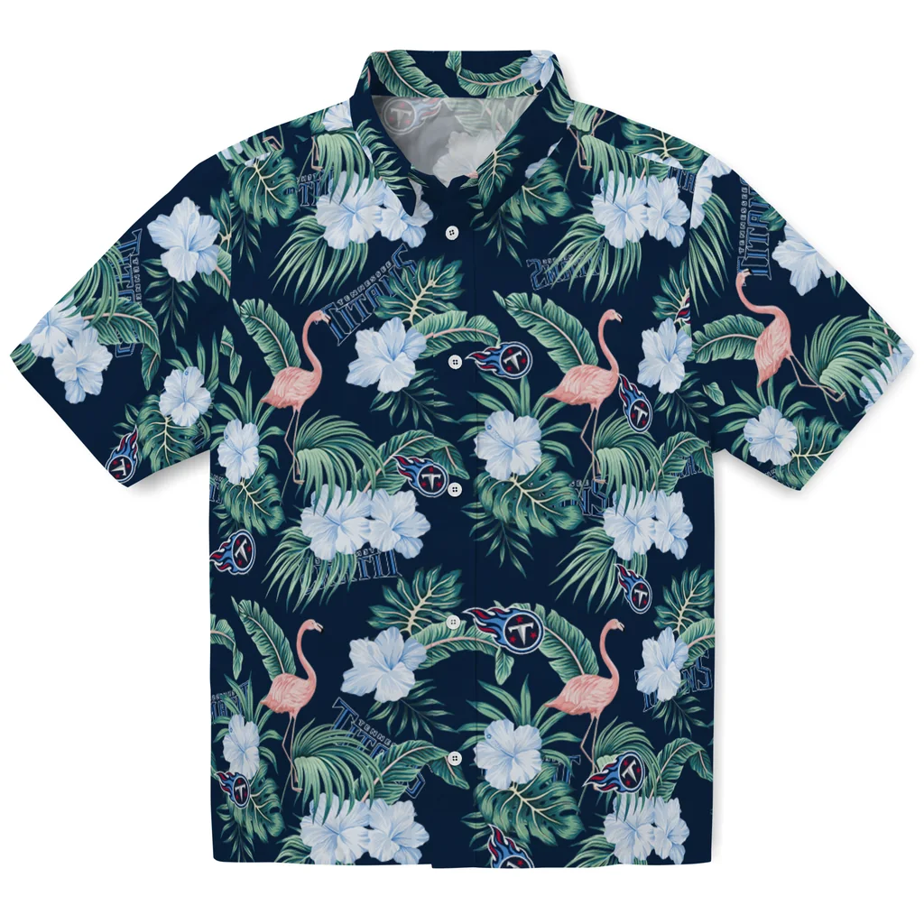 Tennessee Titans Hawaiian Shirt - Flamingo and Hibiscus tennessee titans flamingo palms navy hawaiian shirts best selling