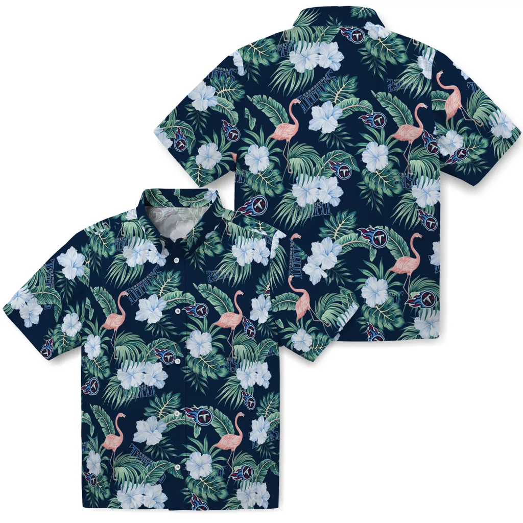 Tennessee Titans Hawaiian Shirt - Flamingo and Hibiscus tennessee titans flamingo palms navy hawaiian shirts high quality