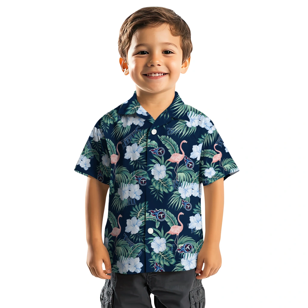 Tennessee Titans Hawaiian Shirt - Flamingo and Hibiscus tennessee titans flamingo palms navy hawaiian shirts top rated