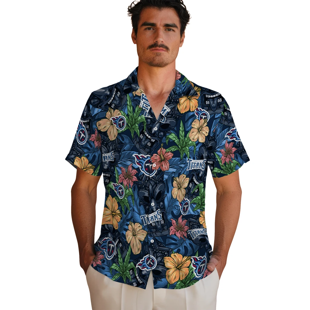 Tennessee Titans Hawaiian Shirt - Hibiscus Tiki Jungle tennessee titans tiki jungle navy hawaiian shirts fashion forward