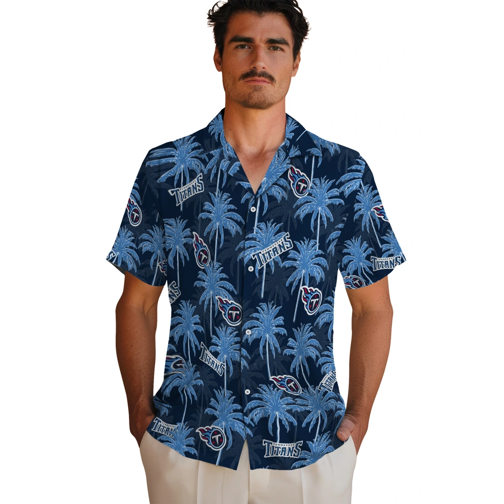 Tennessee Titans Hawaiian Shirt - Palm Tree Motif tennessee titans palm grove navy hawaiian shirts fashion forward