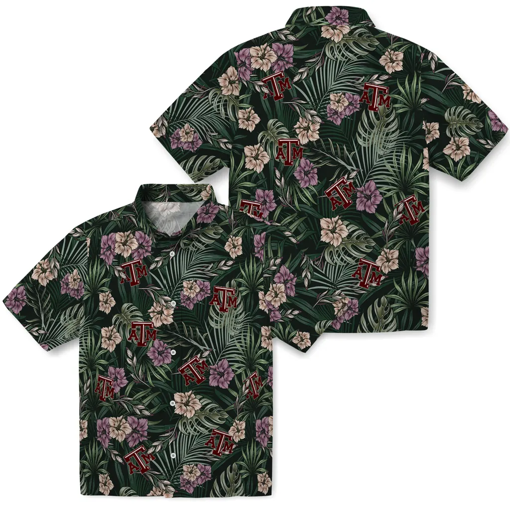 Texas A&M Aggies Hawaiian Shirt - Hibiscus Leaves Pattern texas am aggies hibiscus leaves pattern green hawaiian shirts high quality