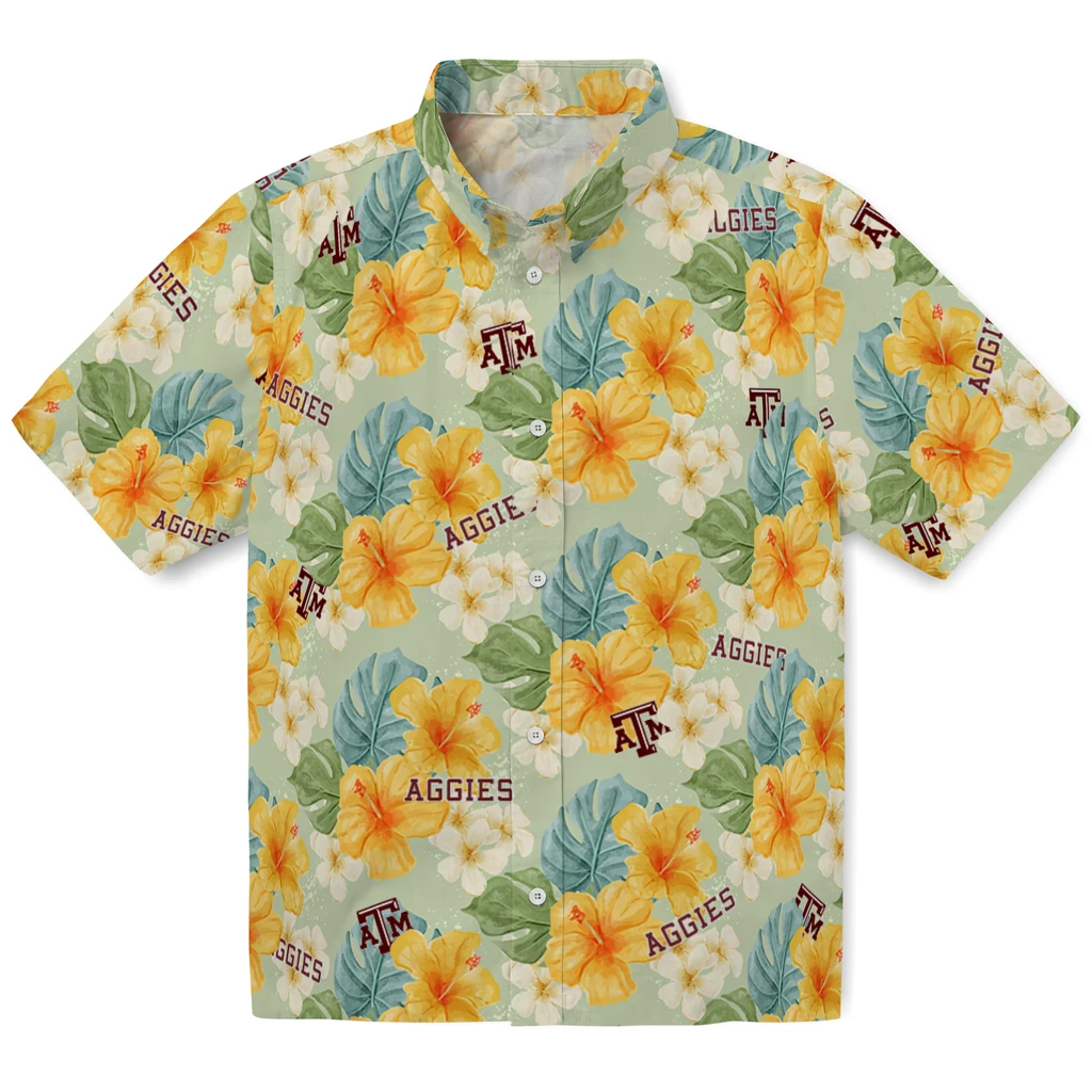 Texas A&M Aggies Hawaiian Shirt - Hibiscus Mood texas am aggies hibiscus mood pale lime yellow hawaiian shirts best selling